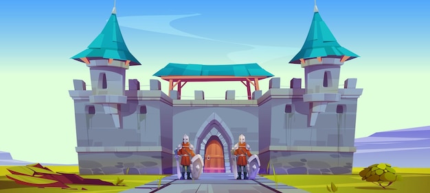 Free vector medieval guard stand at castle gates game scene