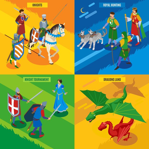 Средневековая изометрическая концепция 2х2 с человеческими персонажами холодных воинов, принцессы-драконы и редактируемый текст