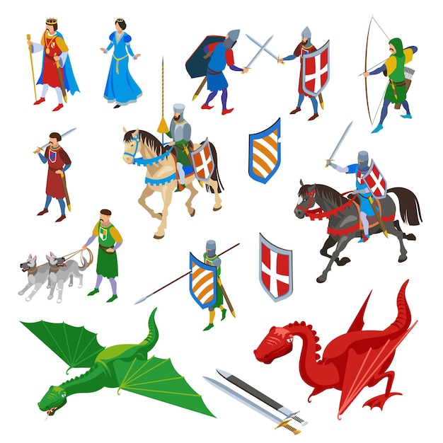 Средневековые изометрические символы набор изолированных мечей древнее оружие и человеческие персонажи воинов с драконами