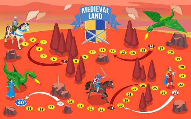 Composizione di mappa del gioco isometrica medievale con cavalieri su cavalli e terra di fantasia con draghi e alberi