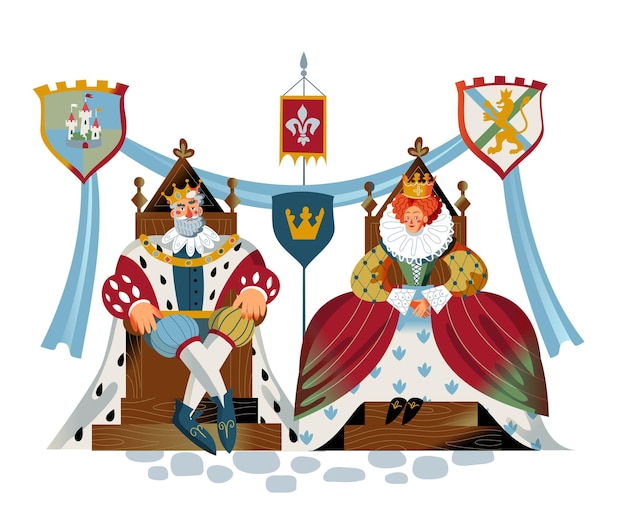 Vettore gratuito re e regina medievali seduti sul trono donna reale e imperatore uomo nell'illustrazione del medioevo