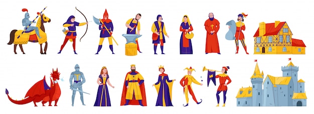 Бесплатное векторное изображение Средневековое королевство персонажей 2 плоских горизонтальных комплекта с наездником король королева рыцарь замок крепость дракон векторная иллюстрация