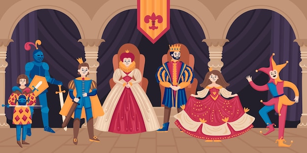 Free vector medieval kingdom composition with human characters of king queen and prince with dancing joker and knight vector illustration