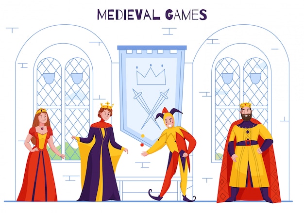 Medieval kingdom court jester in fools hat entertaining monarch juggling joking flat colorful royal characters vector illustration