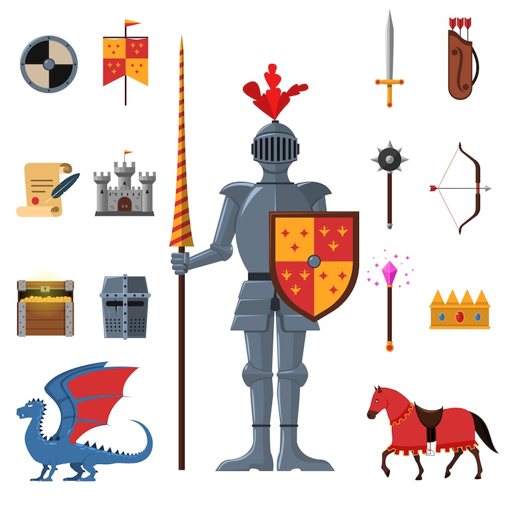 Free Vector medieval kingdom knights flat icons set 