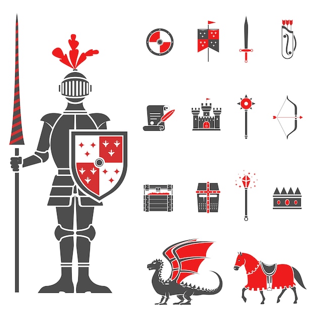 Vettore gratuito set di icone rosso nero cavalieri medievali