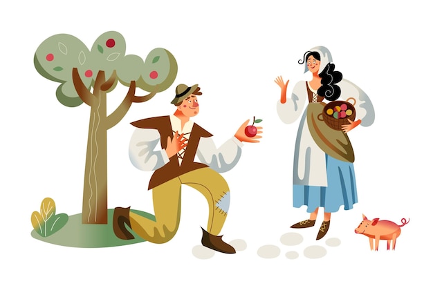 リンゴを収集する中世の農民中世の若い幸せな女性と男性を助ける白い背景の上のバスケットとブタの衣装で歴史的な人々