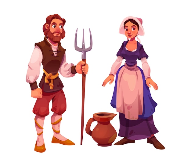 Средневековые люди персонаж мужчина и женщина векторный набор