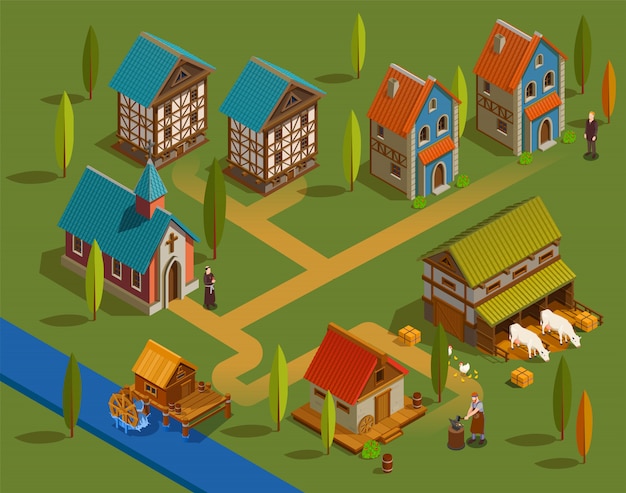 Free vector medieval settlement isometric composition