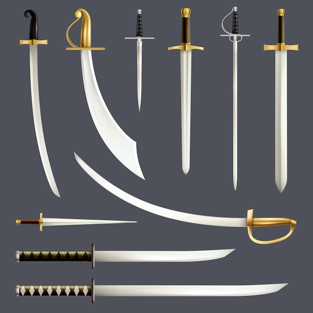 Free vector medieval swords blades shapes edges curvatures varieties knife dagger weapon set honor authority symbol realistic vector illustration