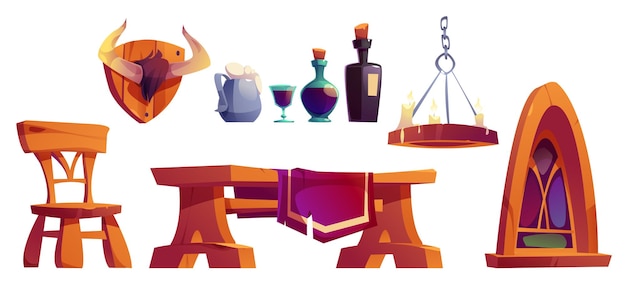 Бесплатное векторное изображение Средневековая мебель для таверны, винные бутылки, свечи