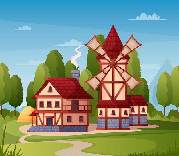 Free vector medieval town cartoon with mill house and road illustration