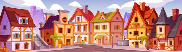 Free vector medieval traditional german city street houses cartoon vector illustration cityscape with old town homes with wood fachwerk halftimbered buildings with stone pavement sidewalk fountain and lantern