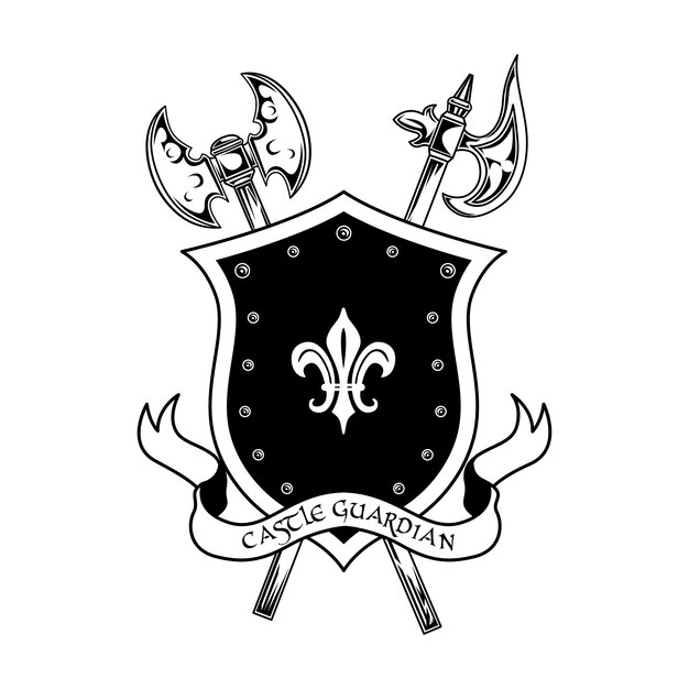 Medieval warriors weapon vector illustration. Crossed axes, shield and castle guardian text. Guard and protection concept for emblems or badges templates