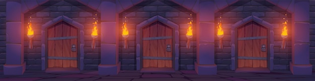 Бесплатное векторное изображение Средневековые деревянные двери в каменной стене с факелами