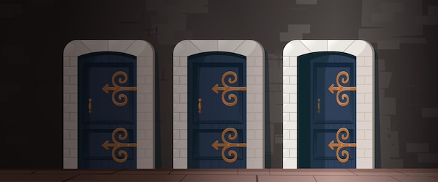 Free vector medieval wooden doors in stone arch in in old house, castle or church. vector cartoon illustration of ancient interior with brick wall and wood gates with golden handle and hinges