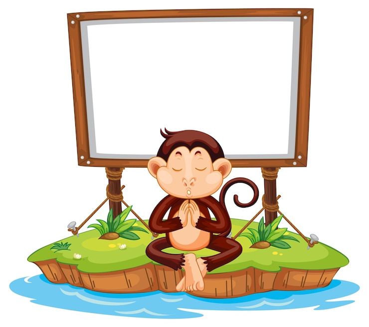 Free Vector meditating monkey with blank board on white background
