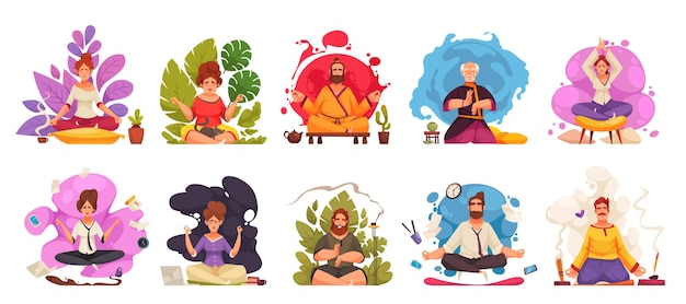 Vettore gratuito meditazione equilibrio armonia zen yoga pratica rilassamento loto posa all'aperto aromaterapia 8 composizioni di cartoni animati isolato illustrazione vettoriale
