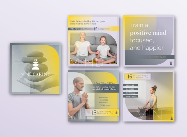 Free vector meditation and mindfulness instagram posts 
collection