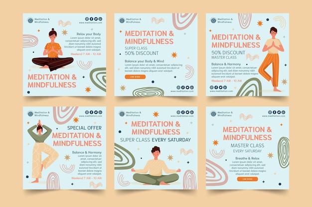 Free vector meditation and mindfulness instagram posts