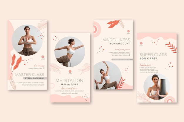 Free vector meditation and mindfulness instagram stories collection