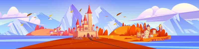 Free vector mediterranean autumn landscape medieval castle