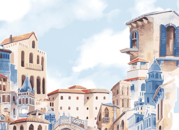 Mediterranean city building exterior water color style