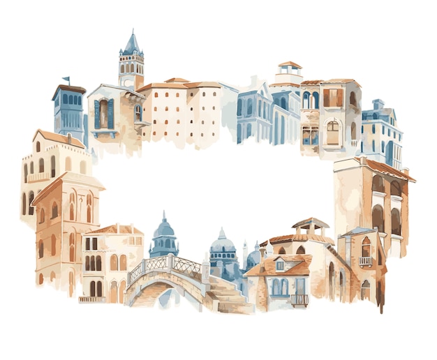 Mediterranean city building exterior water color style