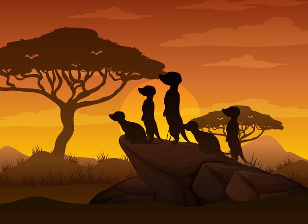 Meerkat family silhouette at savanna forest