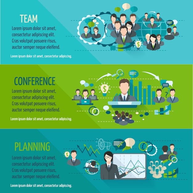 Free vector meeting people horizontal banner set with team planning conference isolated vector illustration