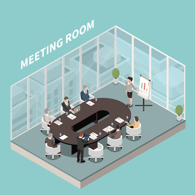 Free vector meeting room business presentation isometric interior view of participants at oval table speaker glass walls