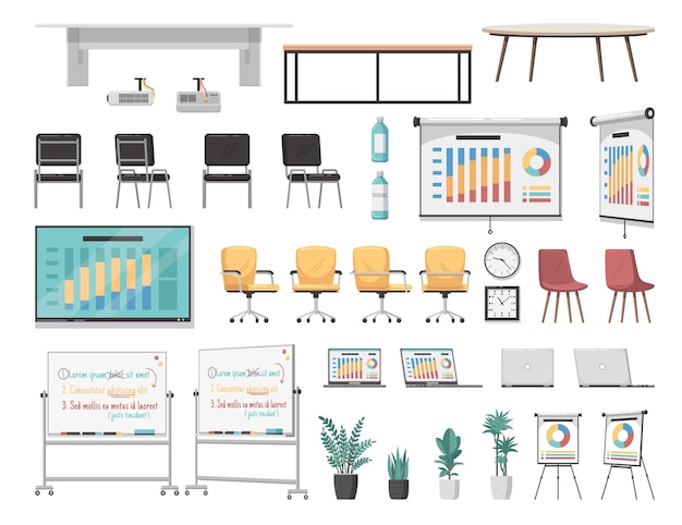 meeting room presentation pictures Free vector meeting room cartoon icons set with office furniture items isolated vector illustration
