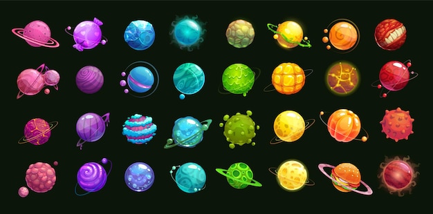 Mega huge pack of fantasy cartoon colorful planets Premium Vector