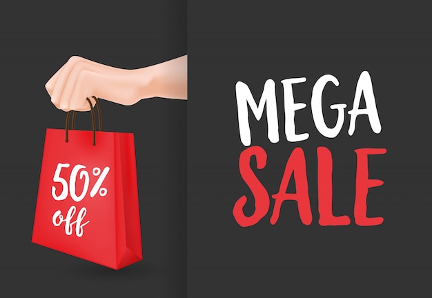 Mega vendita, cinquanta per cento di sconto su lettering, mani e shopping bag