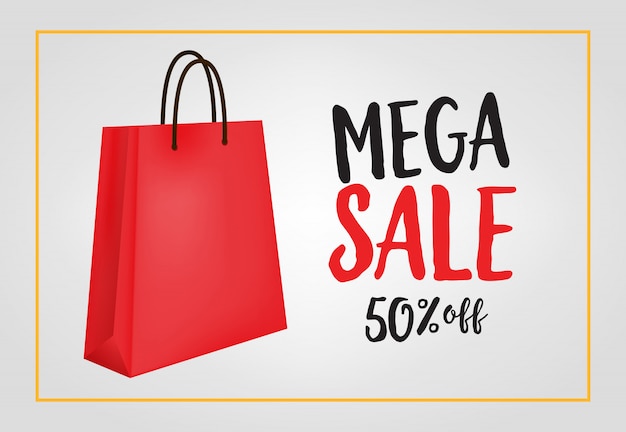 Free vector mega sale, fifty percent off lettering with shopping bag