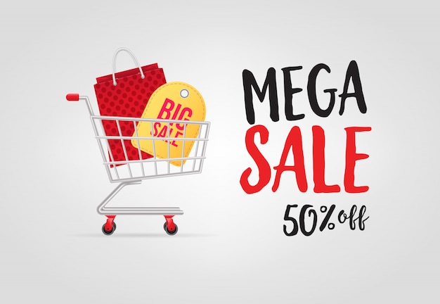 Mega sale, fifty percent off lettering with shopping cart