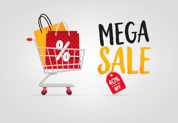 Mega sale lettering with shopping bags in cart