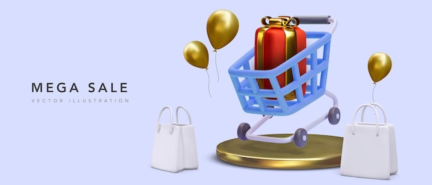 Mega sale promotion banner with 3d cart with gift on platform and shopping bags and balloons vector illustration