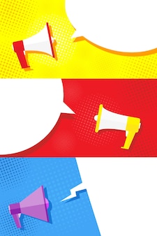 Mega set megaphone image in different styles and on different background promotional offer or banner Premium Vector