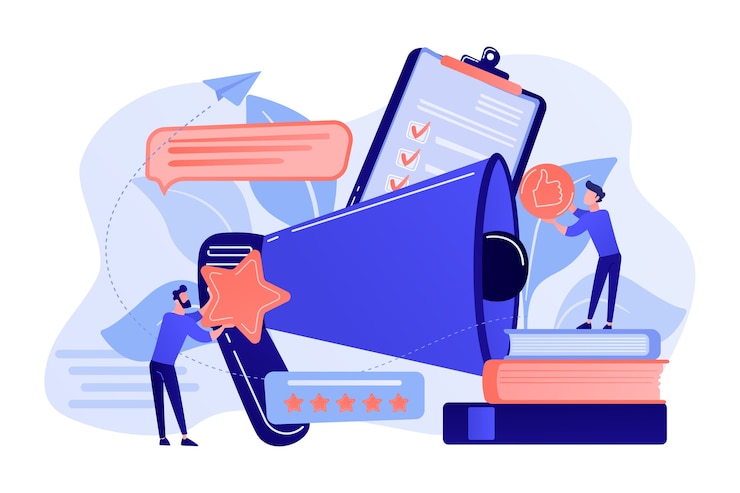 Free Vector megaphone and businessmen rate with stars and thumb up icons. rank and rating scale, high-ranking, top-ranking concept on white background.