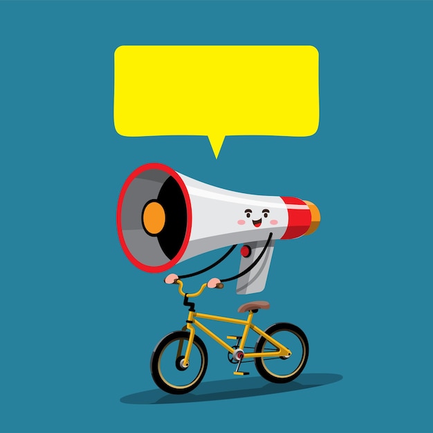 The megaphone rides a bicycle and announces a message flat vector illustration character design