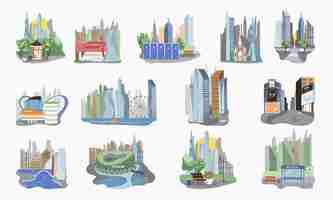 Free vector megapolis city set with architecture symbols flat isolated vector illustration