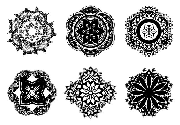 Набор плоской мандалы Mehndi или Mehendi. Декоративные абстрактные символы мандалы для коллекции векторных иллюстраций татуировки. Концепция культуры и декора Индии