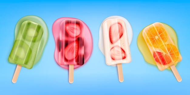 Melted fruit popsicles ice cream realistic set with four isolated images of ice cream on stick