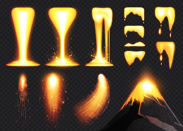 Free Vector | Melted lava flows sparks erupting volcano top realistic set isolated on transparent background vector illustration Free Vector | Melted lava flows sparks erupting volcano top realistic set isolated on transparent background vector illustration