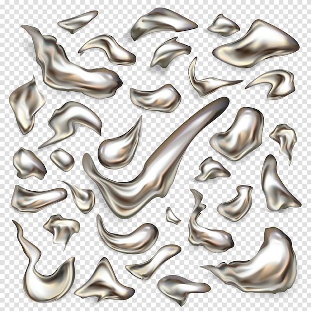 Free vector melted silver drops, spilled mercury, precious platinum 3d realistic vector set