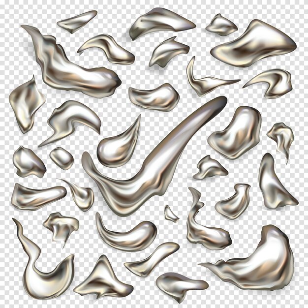 Melted silver drops, spilled mercury, precious platinum 3d realistic vector set 