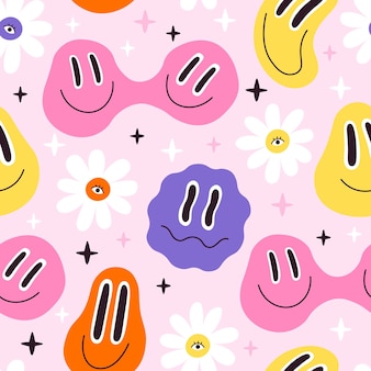 Melted smiley faces and flowers, trippy seamless pattern. retro hippie psychedelic distorted emoji. lava lamp smiley face vector wallpaper Premium Vector