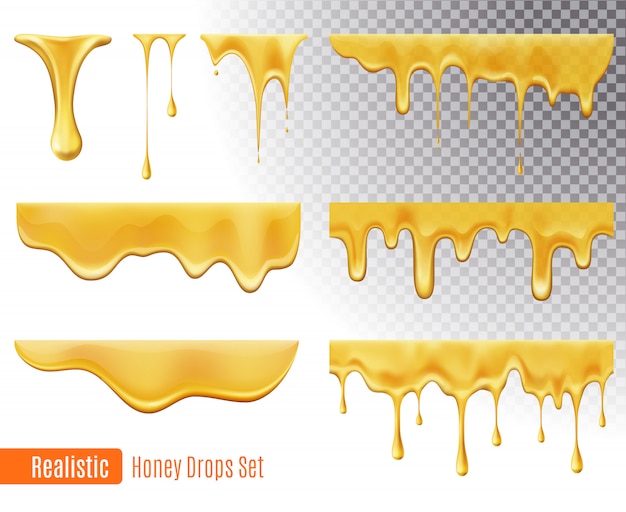 Vettore gratuito gocce di miele fondente realistico set trasparente