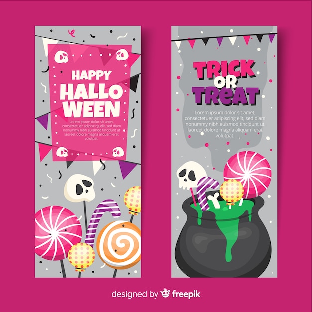 Melting pot with sweets flat halloween banners